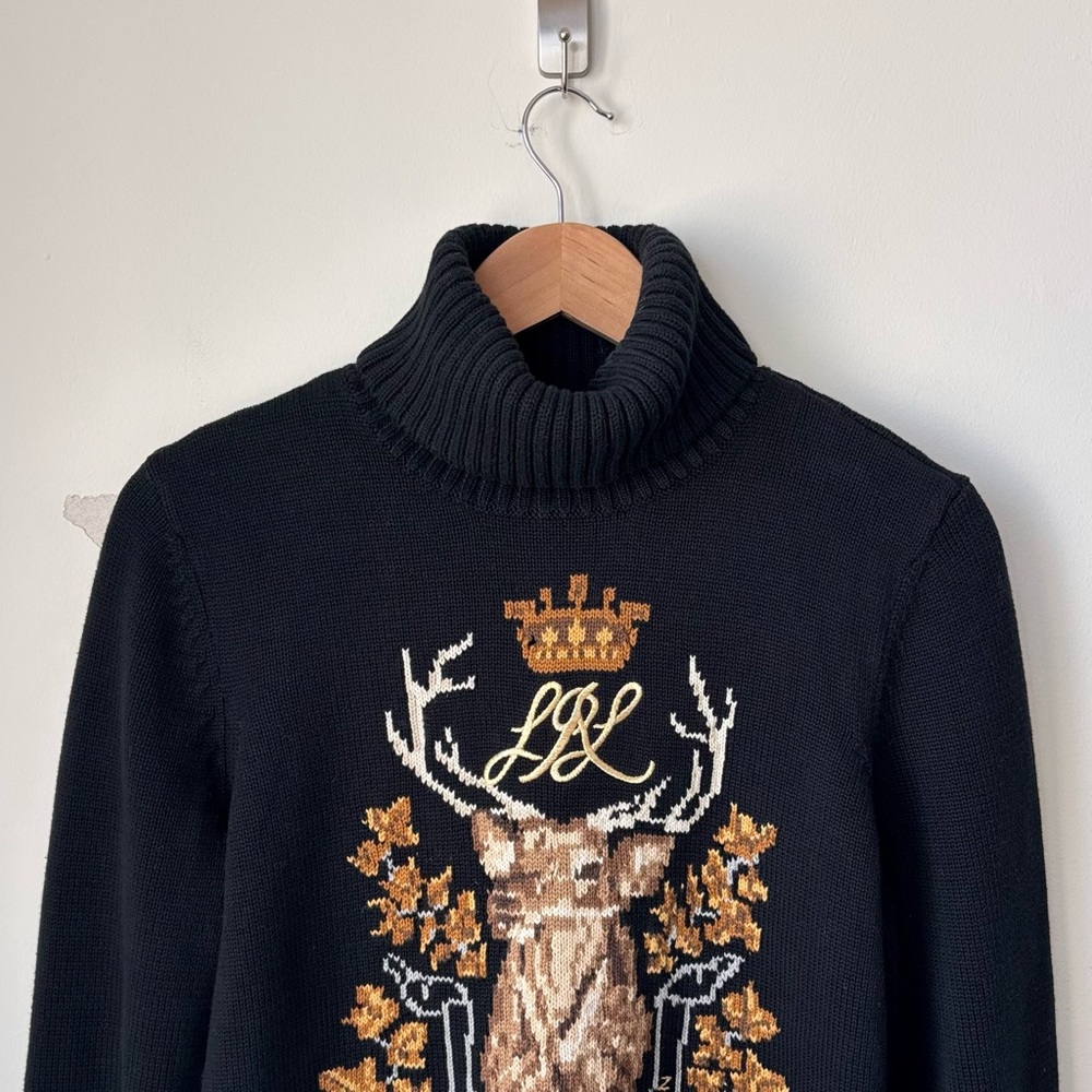 Lauren Ralph Lauren Intarsia Knit Elk Sweater Size XL Turtleneck Crest FLAW - Picture 2 of 10